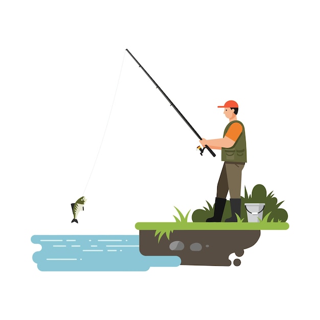 Un pescador atrapando un pez en la orilla del río durante un día soleado