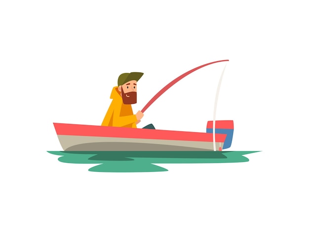 Pescador barbudo sentado en un bote con caña de pescar Personaje de pescador con impermeable Ilustración vectorial en fondo blanco