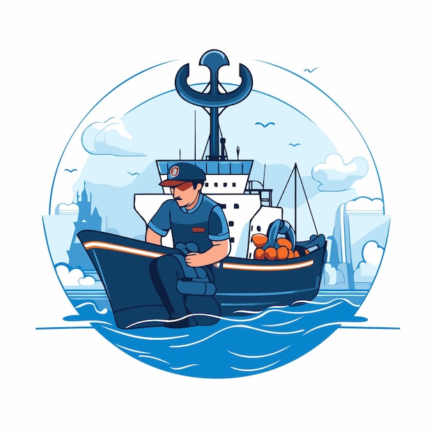 Vector pescador en barco ilustración vectorial de un hombre con uniforme y sombrero en un barco de pesca