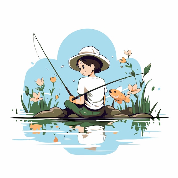 Vector pescador con una caña de pescar y un pez ilustración vectorial