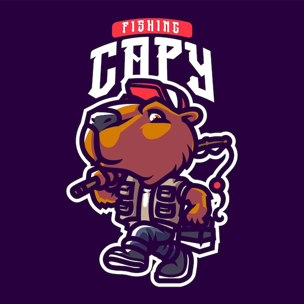 Vector pescador capybara mascot logo plantilla para el deporte y el equipo de juegos aislado en el fondo oscuro