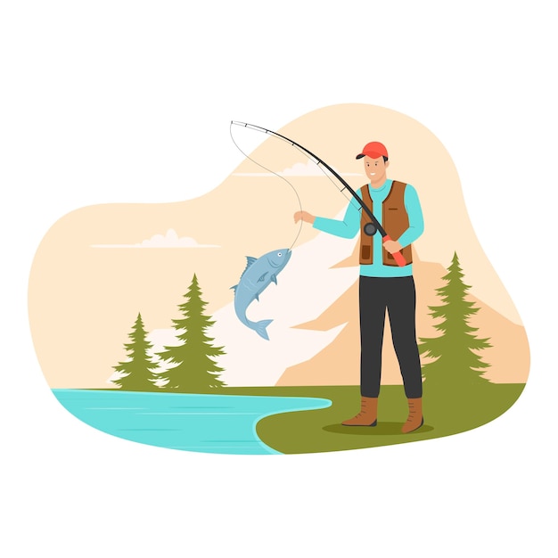 Vector pescador en concepto de ilustración de pesca