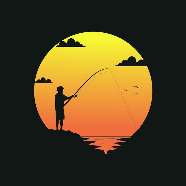 Vector pescador con fondo de puesta de sol bueno para el día internacional del pescador