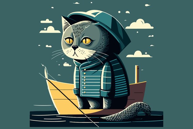 pescador, gato, vector, ilustración