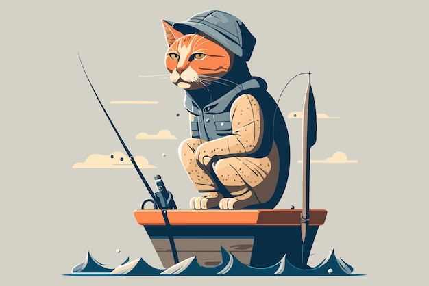 Vector pescador, gato, vector, ilustración