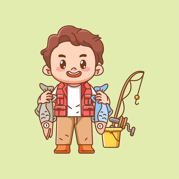 Un pescador lindo pescando dos peces kawaii chibi personaje mascota ilustración diseño de estilo de contorno