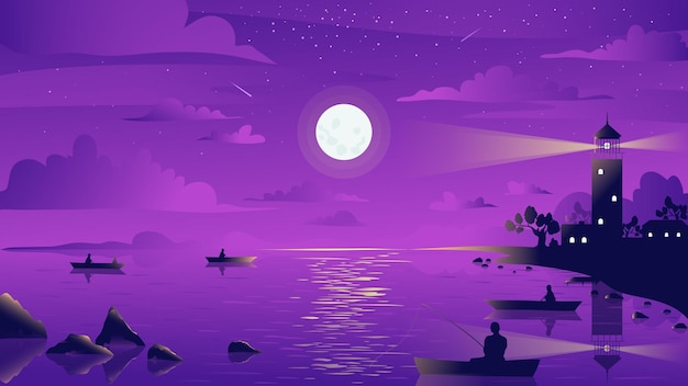 Pescador del paisaje del faro de la luz de la luna de la noche en barco pescar con la caña de pescar
