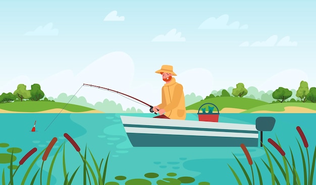 Pescador de pesca. hombre en barco con caña de pescar esperando mordisquear pescado, concepto de vector de dibujos animados de paisaje de verano al aire libre de hobby de relajación. personaje masculino que tiene ocio en el lago o estanque