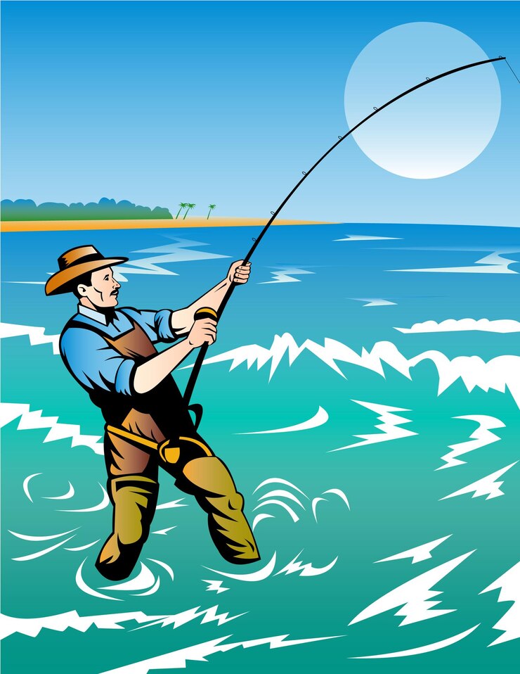 Vector un pescador con sombrero y sombrero está pescando en el agua.