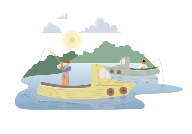 Vector pescadores en barcos de motor ilustración vectorial plana