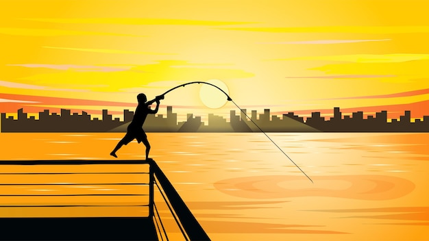 Pescadores de silueta pescando en el puente al atardecer. ilustración vectorial