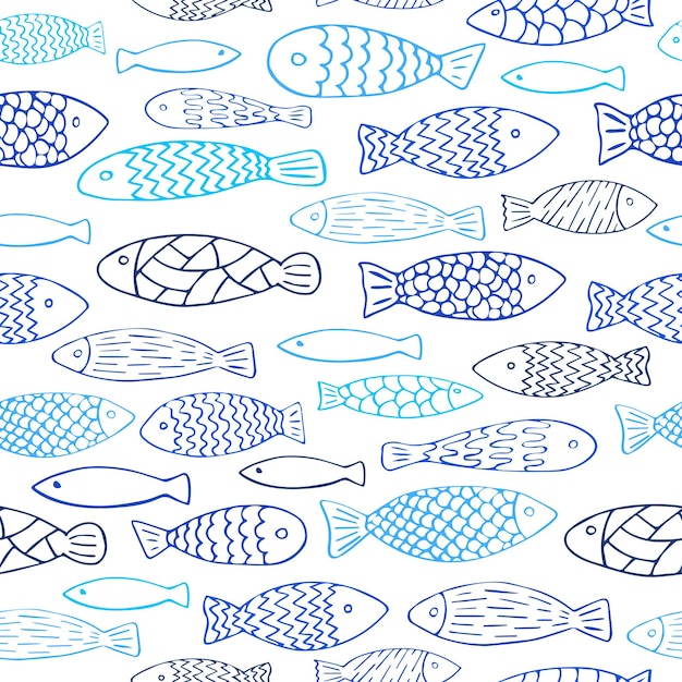 Vector pescados dibujados a mano con un patrón sin costuras azul fondo del mar ilustración del acuario