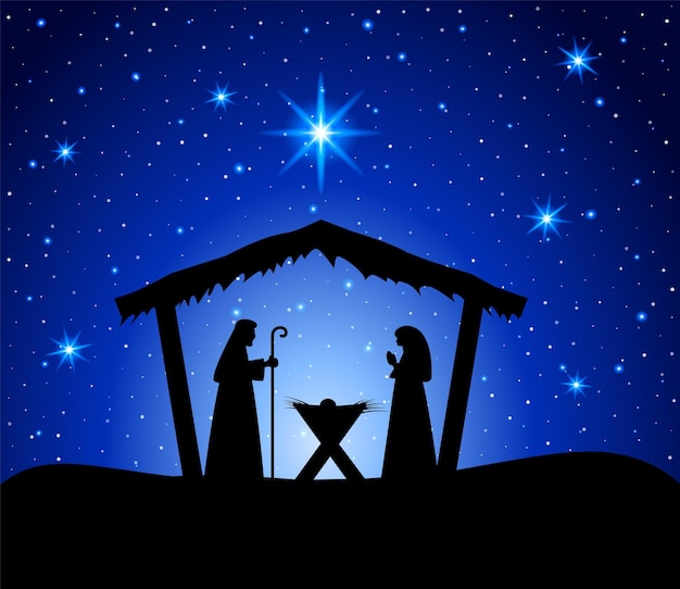 Pesebre navideño con el niño Jesús María y José en el pesebreTradicional historia cristiana de Navidad Ilustración vectorial para niños eps 10