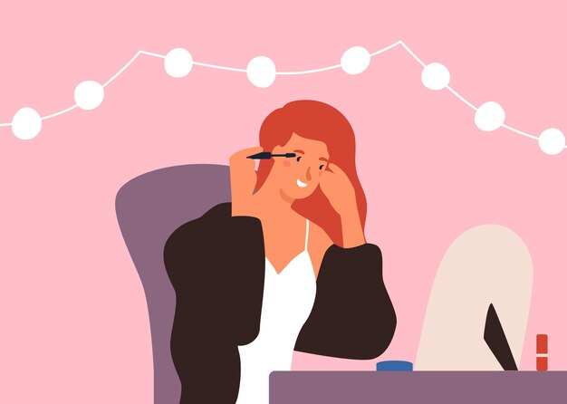 Pestañas de tinte de mujer colorida sonriente mirando ilustración plana de vector de espejo. Chica joven que disfruta del procedimiento cosmético usa rímel en casa. Mujer de belleza aplicando maquillaje con emoción positiva.