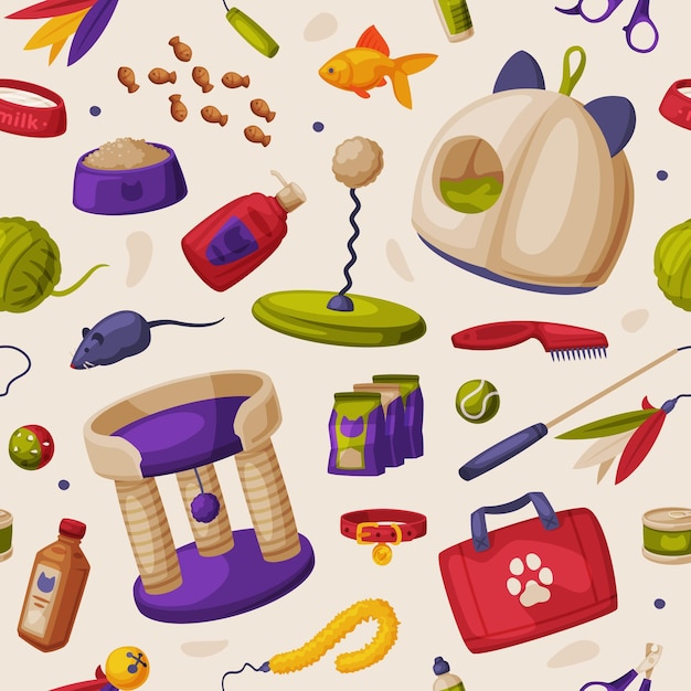 Pet Shop Patrón sin costuras Accesorios para gatos Impresión repetitiva sin fin para envolver telas Diseño de papel Ilustración vectorial de dibujos animados