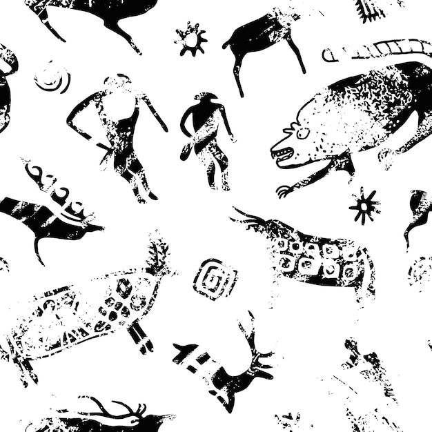 Petroglifos en la textura grunge dibujos de cuevas con un patrón sin costuras