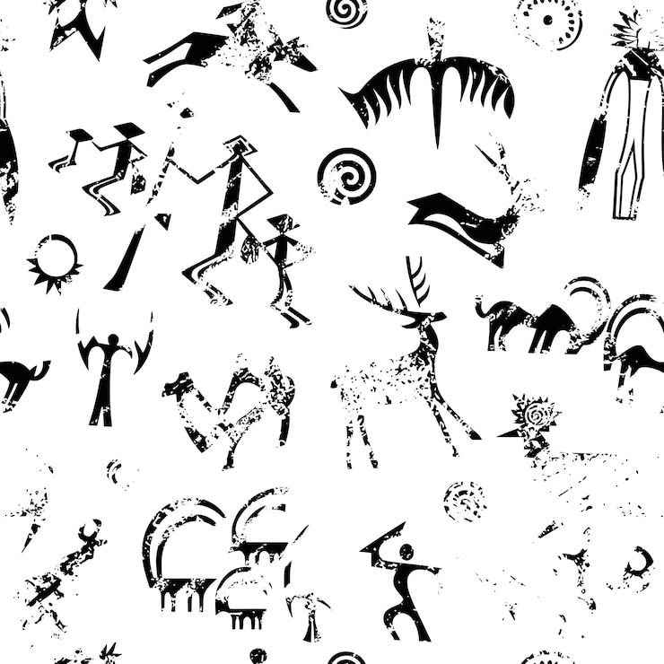 Vector petroglifos en textura grunge dibujos rupestres de patrones sin fisuras