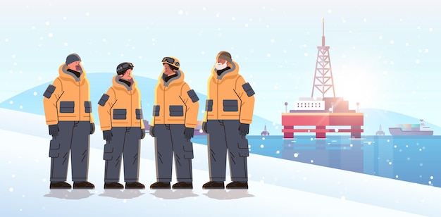 Vector petroleros o gasistas parados juntos cerca de los trabajadores de las estaciones de las instalaciones en concepto de servicio de expedición de mantenimiento técnico uniforme