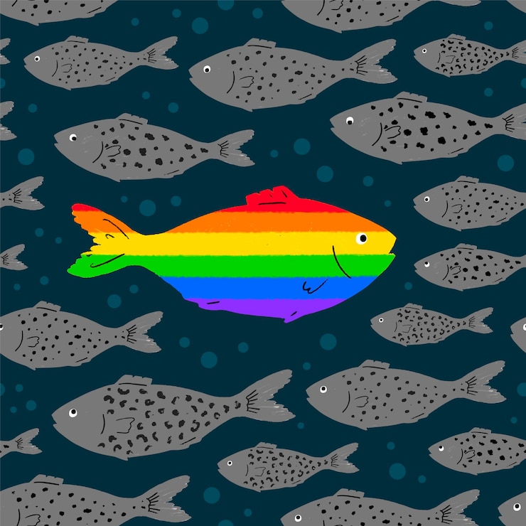 Vector un pez arco iris nada contra una escuela de peces grises patrón sin costuras para apoyar a la comunidad lgbt
