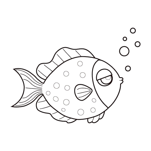 Pez con burbujas, dibujo de líneas, libro de colorear, ilustración vectorial, colección para niños.