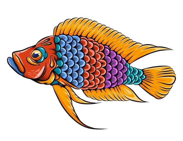 Pez cíclido calvus zentangle con boca grande y aletas anaranjadas