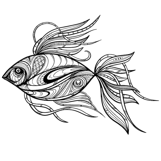 Pez de fantasía dibujado a mano con patrón de garabato étnico Página para colorear zendala para relajación y meditación para adultos ilustración vectorial aislada en un fondo blanco Zendoodle