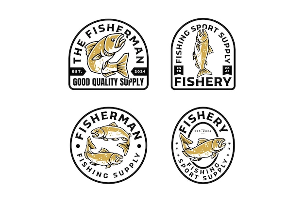 pez bajo grande con varias poses insignia diseño de logotipo moderno conjunto para la tienda de pescado deporte de pesca