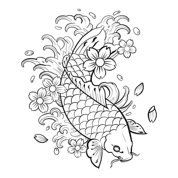 Pez koi tatuaje negro sobre fondo blanco