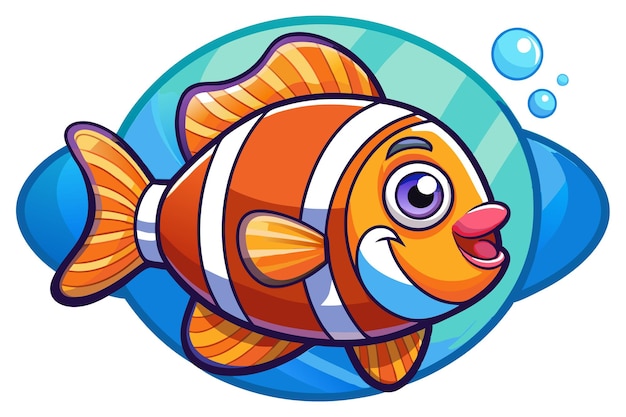 Pez payaso de dibujos animados con burbujas en el Círculo del Océano Azul