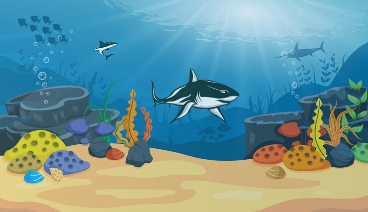 Pez tiburón vectorial libre en el fondo del mar o del océano con rocas alrededor.