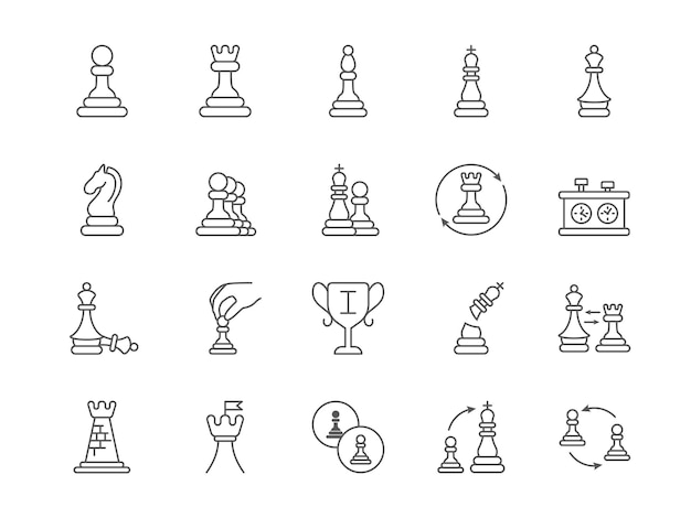 Peza de ajedrez Iconos de juego de competencia Peón o torre en la mano del ajedrez Figuras de reina y rey Batalla intelectual Estrategia de negocios o desafío táctico Golpes de línea Símbolos vectoriales establecidos