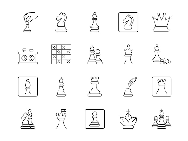 Peza de ajedrez Iconos de línea de juego de competencia Figuras de reina o rey Signo de caballo blanco Deporte de éxito para estrategia de negocios en ocio Tablero de ajedres y mano con torre Conjunto de símbolos vectoriales
