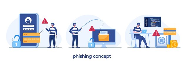 Phishing, concepto de ataque de piratas informáticos. Hackers que roban datos personales. Seguridad de Internet con caracteres pequeños Insertar contraseña en el sitio web, Bulgar Steal. caricatura, gente, vector, ilustración