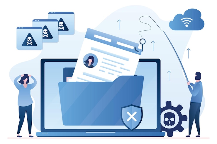 Vector phishing de datos spamming hacker envía archivos y correos electrónicos infectados con virus hacker roba información