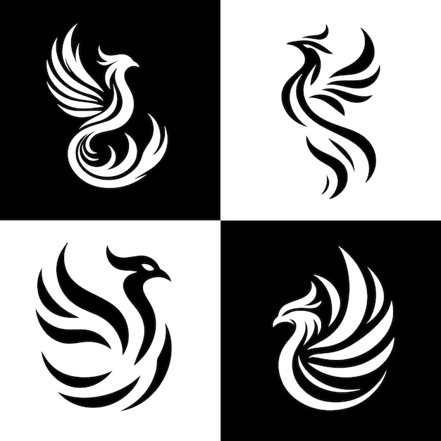 Phoenix Garuda Eagle Bird Icon Logo Tattoo Silhouette Set Collection (Colección de conjunto de siluetas de tatuaje del pájaro águila de Phoenix)