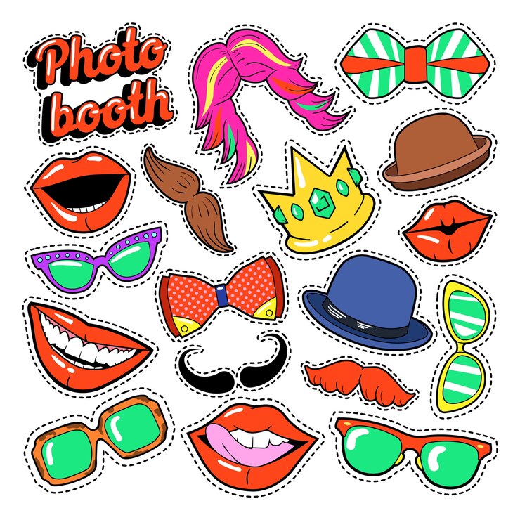 Vector photo booth party set con gafas, bigote, sombreros y labios para pegatinas y accesorios. garabatear