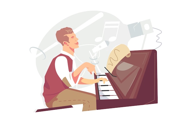 Vector pianista de jazz en la ilustración de vector de instrumento de piano. músico de chico talentoso tocando melodía con notas de estilo plano. jazz, música blues, hobby, concepto de actuación en vivo. aislado sobre fondo blanco