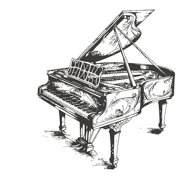 Piano de cola dibujado a mano en blanco y negro Un boceto dibujado a mano resaltado en un fondo blanco Ilustración vectorial