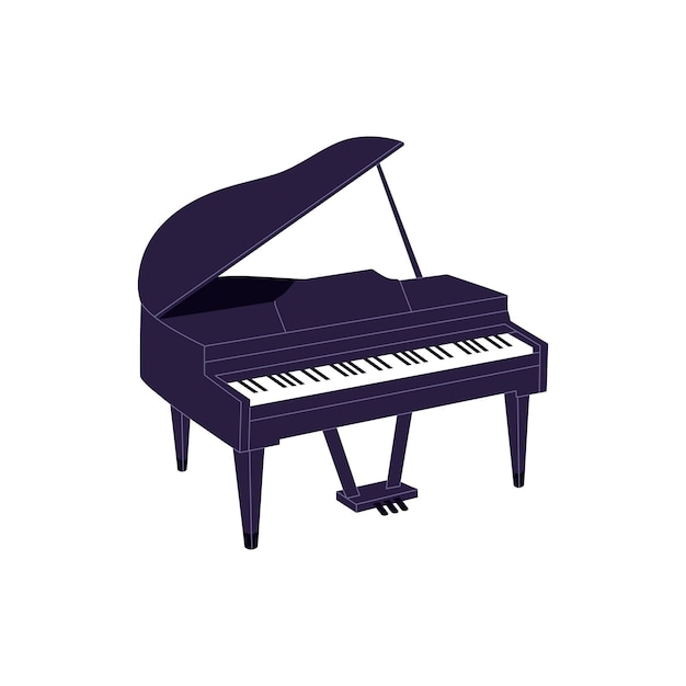 Piano de cola negro de lujo Instrumento de teclado para tocar música clásica Equipo de músico de pianoforte para conciertos filarmónicos Ilustración vectorial aislada plana sobre fondo blanco