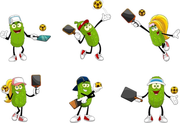 Pickle Personajes de dibujos animados jugando a Pickleball Conjunto de colección dibujado a mano vectorial