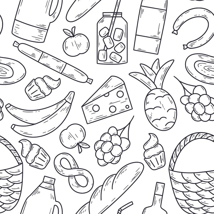 Vector picnic y barbacoa de patrones sin fisuras elementos de picnic grabados a mano comida fruta vino y baguette