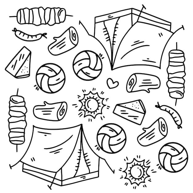 Picnic y camping doodle línea conjunto vector