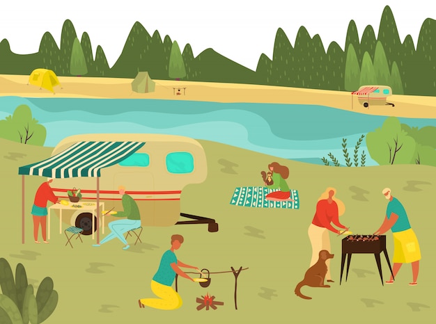 Vector picnic familiar de barbacoa en vacaciones de verano, barbacoa con abuelos, padre, madre e hijos en la naturaleza viajando ilustración plana.