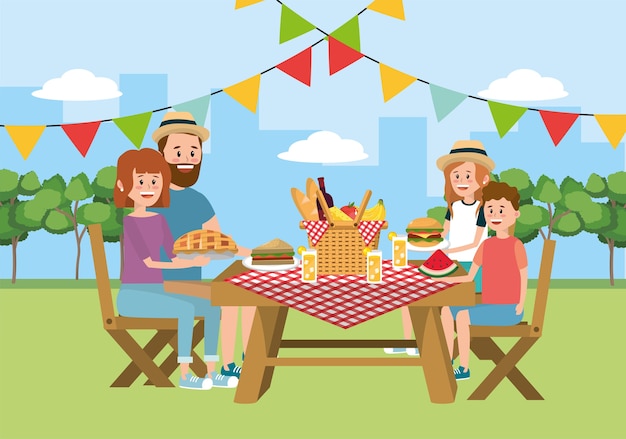 Picnic familiar en la mesa y cesta.