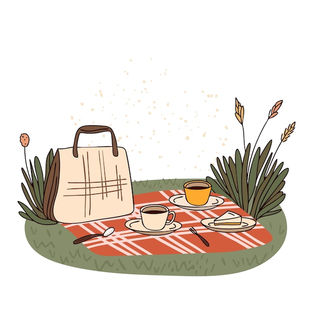 Picnic con una manta roja tazas de postre y una bolsa de picnic en una hierba al aire libre relajación de comedor y