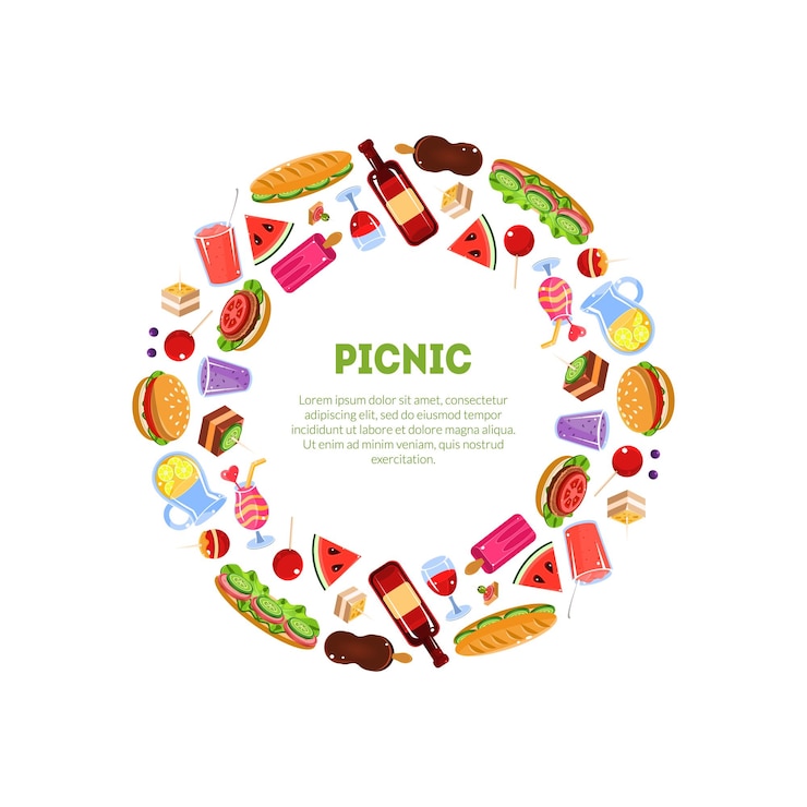 Vector picnic marco redondo de colores verano primavera picnic romántico bocadillos y verduras ilustración vectorial en fondo blanco