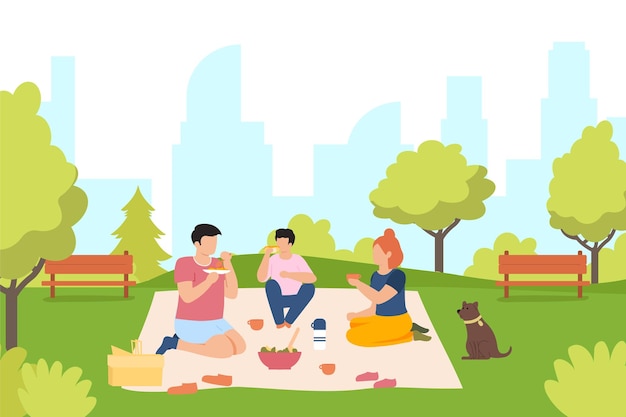 Picnic en el parque Amigos comiendo ensalada y bebiendo té del termo Personajes masculinos y femeninos pasando tiempo libre