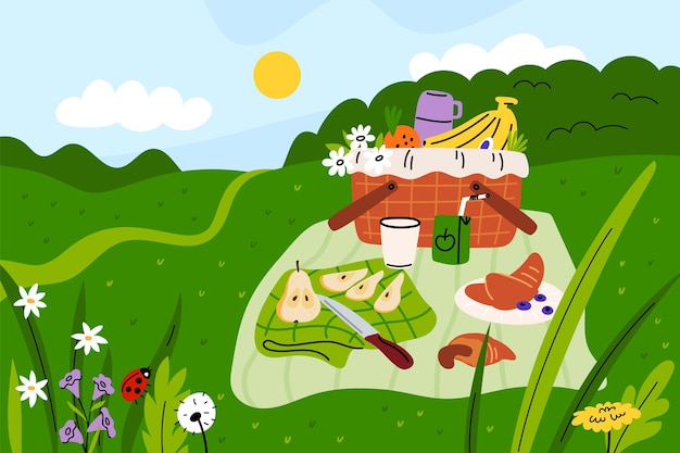 Picnic en el parque Cesta de mimbre con comida y bebidas en el césped Almuerzo romántico en la naturaleza Peras y croissants bocadillos en la manta Comer al aire libre Paisaje de prado Concepto vectorial llamativo