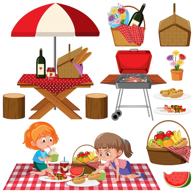 Picnic con parrilla de barbacoa y comida sobre fondo blanco.