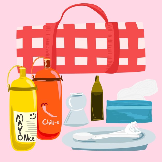 Picnic de vacaciones de verano Accesorios de viaje para picnic Ilustración de vector plano